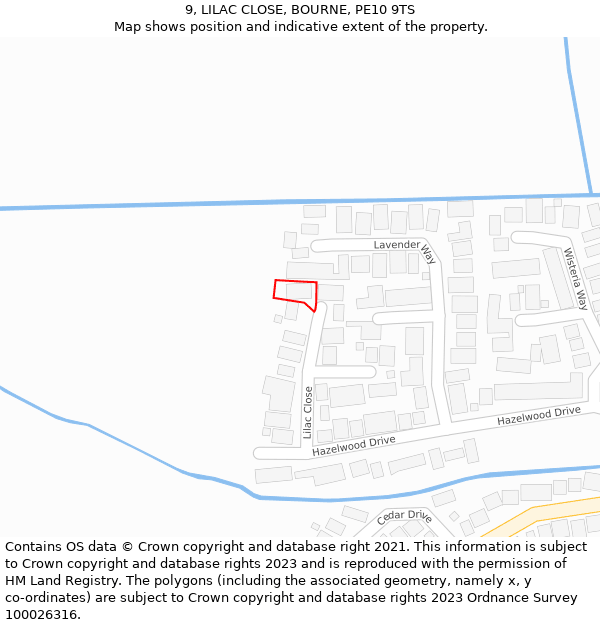 9, LILAC CLOSE, BOURNE, PE10 9TS: Location map and indicative extent of plot