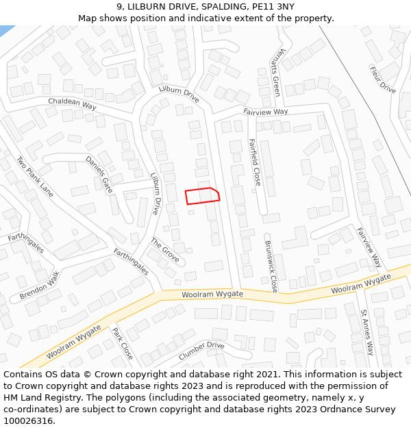 9, LILBURN DRIVE, SPALDING, PE11 3NY: Location map and indicative extent of plot