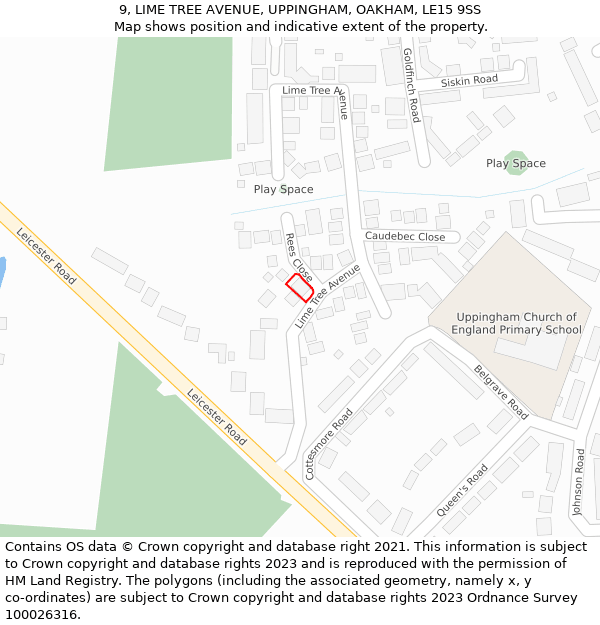 9, LIME TREE AVENUE, UPPINGHAM, OAKHAM, LE15 9SS: Location map and indicative extent of plot