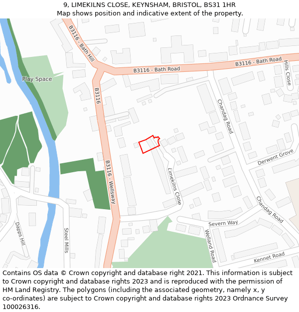 9, LIMEKILNS CLOSE, KEYNSHAM, BRISTOL, BS31 1HR: Location map and indicative extent of plot