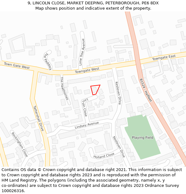 9, LINCOLN CLOSE, MARKET DEEPING, PETERBOROUGH, PE6 8DX: Location map and indicative extent of plot