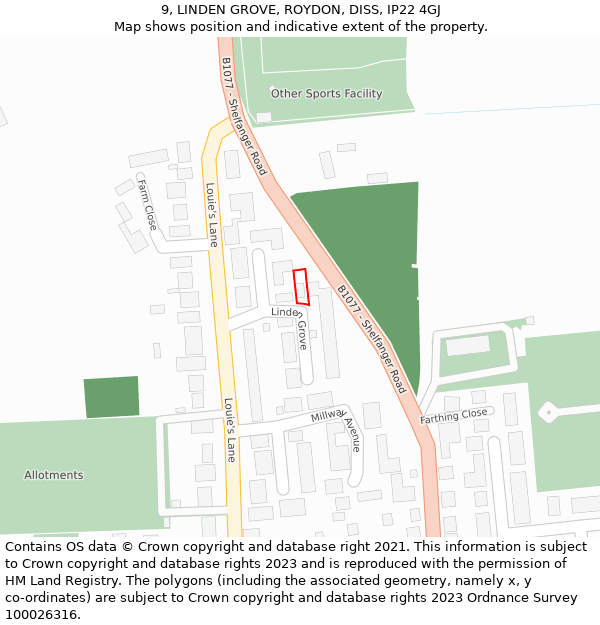 9, LINDEN GROVE, ROYDON, DISS, IP22 4GJ: Location map and indicative extent of plot