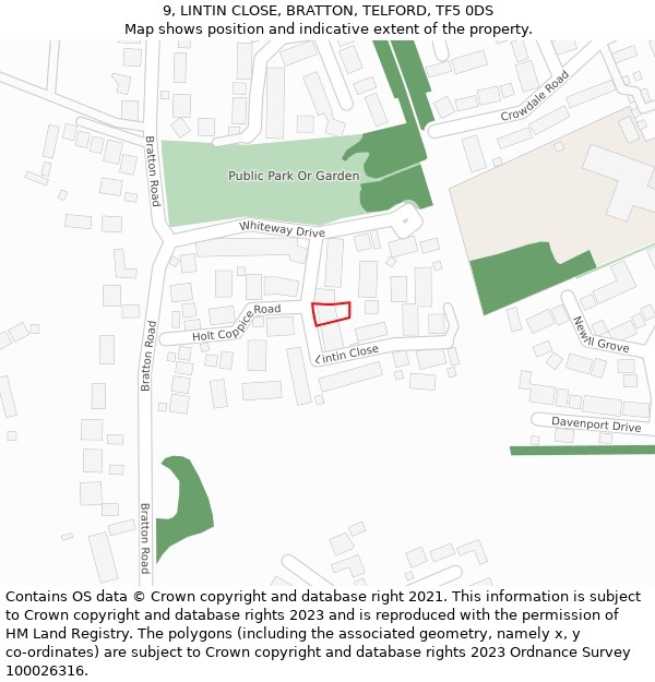 9, LINTIN CLOSE, BRATTON, TELFORD, TF5 0DS: Location map and indicative extent of plot