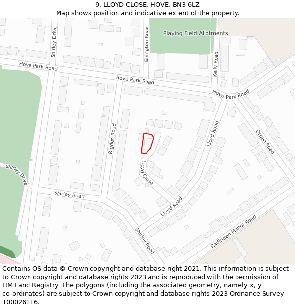 9, LLOYD CLOSE, HOVE, BN3 6LZ: Location map and indicative extent of plot