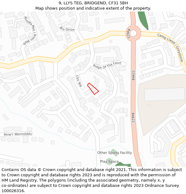 9, LLYS TEG, BRIDGEND, CF31 5BH: Location map and indicative extent of plot