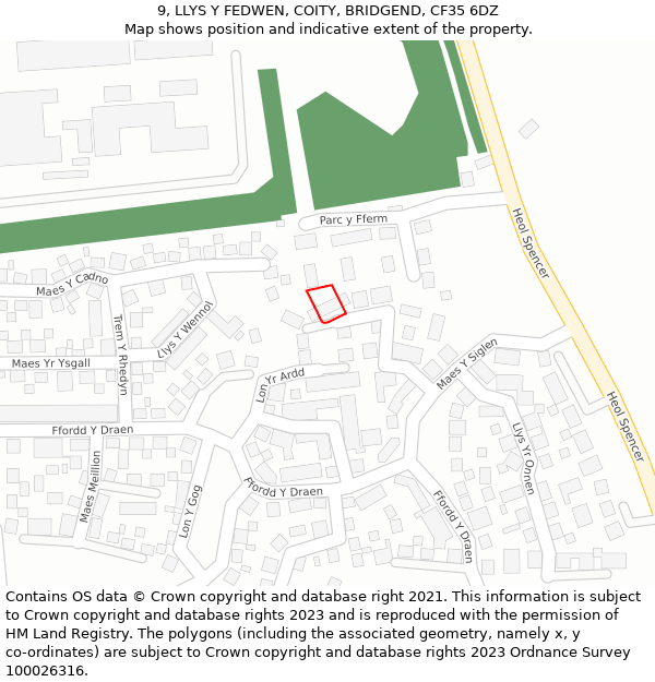 9, LLYS Y FEDWEN, COITY, BRIDGEND, CF35 6DZ: Location map and indicative extent of plot