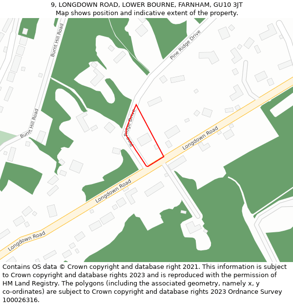 9, LONGDOWN ROAD, LOWER BOURNE, FARNHAM, GU10 3JT: Location map and indicative extent of plot