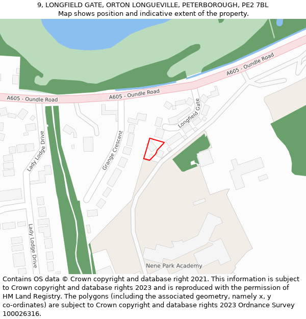 9, LONGFIELD GATE, ORTON LONGUEVILLE, PETERBOROUGH, PE2 7BL: Location map and indicative extent of plot