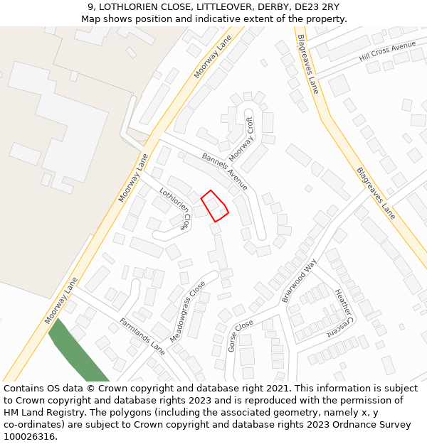 9, LOTHLORIEN CLOSE, LITTLEOVER, DERBY, DE23 2RY: Location map and indicative extent of plot