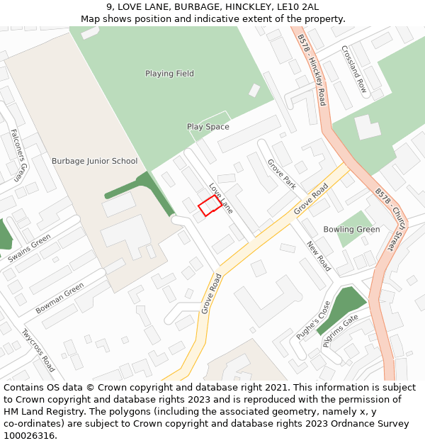 9, LOVE LANE, BURBAGE, HINCKLEY, LE10 2AL: Location map and indicative extent of plot