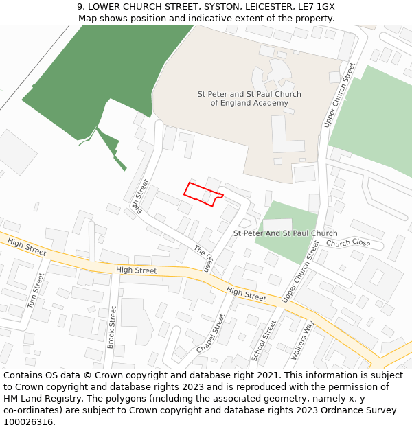 9, LOWER CHURCH STREET, SYSTON, LEICESTER, LE7 1GX: Location map and indicative extent of plot