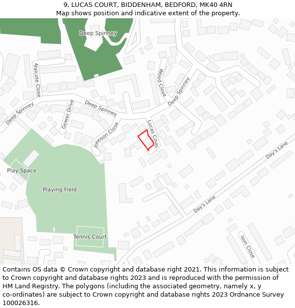 9, LUCAS COURT, BIDDENHAM, BEDFORD, MK40 4RN: Location map and indicative extent of plot