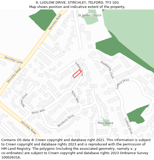 9, LUDLOW DRIVE, STIRCHLEY, TELFORD, TF3 1EG: Location map and indicative extent of plot