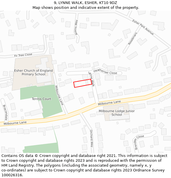 9, LYNNE WALK, ESHER, KT10 9DZ: Location map and indicative extent of plot