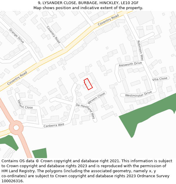 9, LYSANDER CLOSE, BURBAGE, HINCKLEY, LE10 2GF: Location map and indicative extent of plot