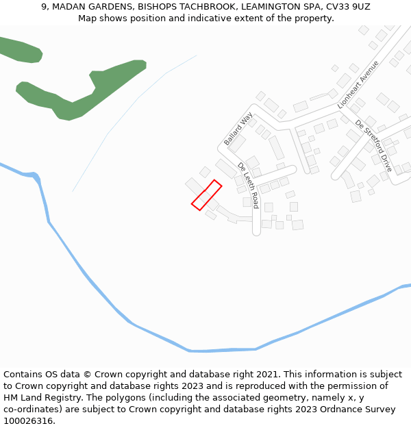 9, MADAN GARDENS, BISHOPS TACHBROOK, LEAMINGTON SPA, CV33 9UZ: Location map and indicative extent of plot