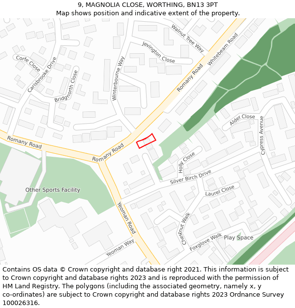 9, MAGNOLIA CLOSE, WORTHING, BN13 3PT: Location map and indicative extent of plot