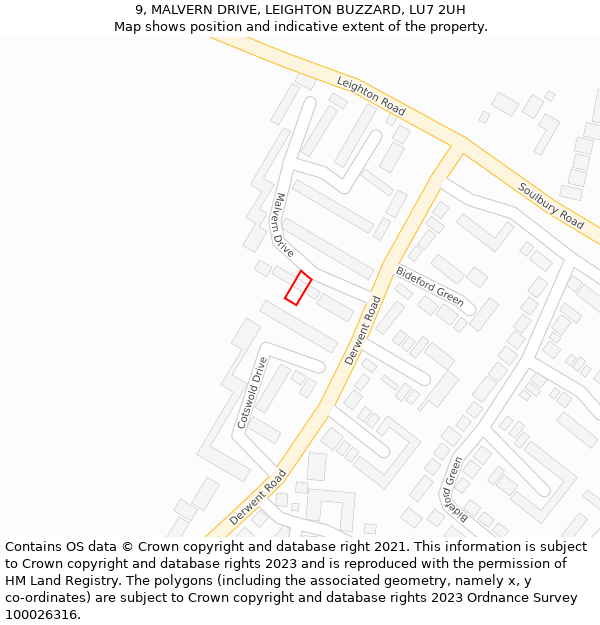 9, MALVERN DRIVE, LEIGHTON BUZZARD, LU7 2UH: Location map and indicative extent of plot