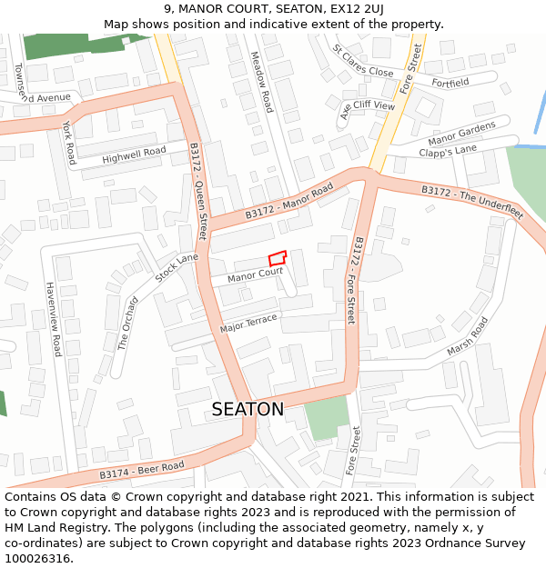 9, MANOR COURT, SEATON, EX12 2UJ: Location map and indicative extent of plot