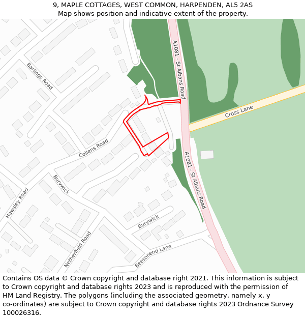 9, MAPLE COTTAGES, WEST COMMON, HARPENDEN, AL5 2AS: Location map and indicative extent of plot