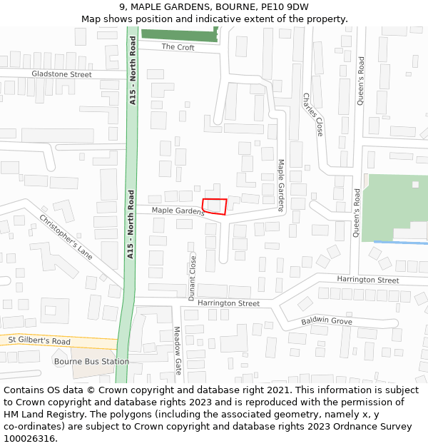 9, MAPLE GARDENS, BOURNE, PE10 9DW: Location map and indicative extent of plot