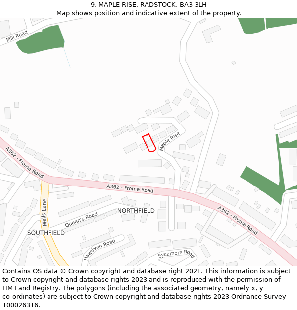 9, MAPLE RISE, RADSTOCK, BA3 3LH: Location map and indicative extent of plot