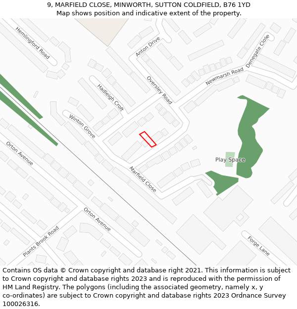 9, MARFIELD CLOSE, MINWORTH, SUTTON COLDFIELD, B76 1YD: Location map and indicative extent of plot