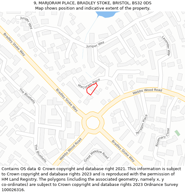 9, MARJORAM PLACE, BRADLEY STOKE, BRISTOL, BS32 0DS: Location map and indicative extent of plot