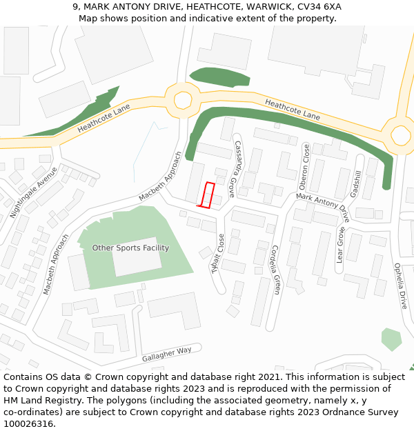 9, MARK ANTONY DRIVE, HEATHCOTE, WARWICK, CV34 6XA: Location map and indicative extent of plot