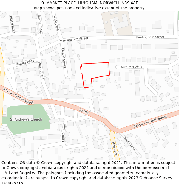9, MARKET PLACE, HINGHAM, NORWICH, NR9 4AF: Location map and indicative extent of plot