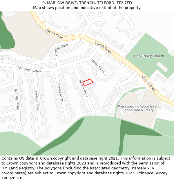 9, MARLOW DRIVE, TRENCH, TELFORD, TF2 7ED: Location map and indicative extent of plot