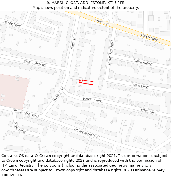 9, MARSH CLOSE, ADDLESTONE, KT15 1FB: Location map and indicative extent of plot