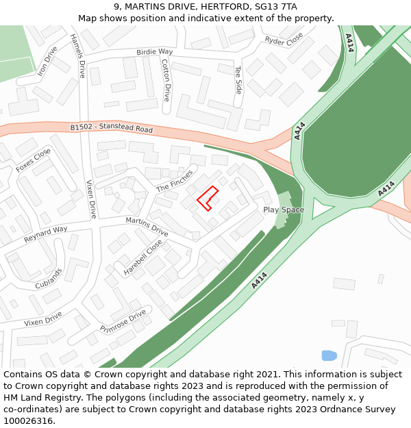 9, MARTINS DRIVE, HERTFORD, SG13 7TA: Location map and indicative extent of plot