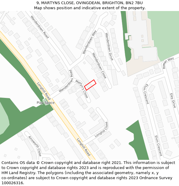 9, MARTYNS CLOSE, OVINGDEAN, BRIGHTON, BN2 7BU: Location map and indicative extent of plot