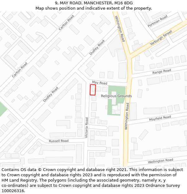 9, MAY ROAD, MANCHESTER, M16 8DG: Location map and indicative extent of plot