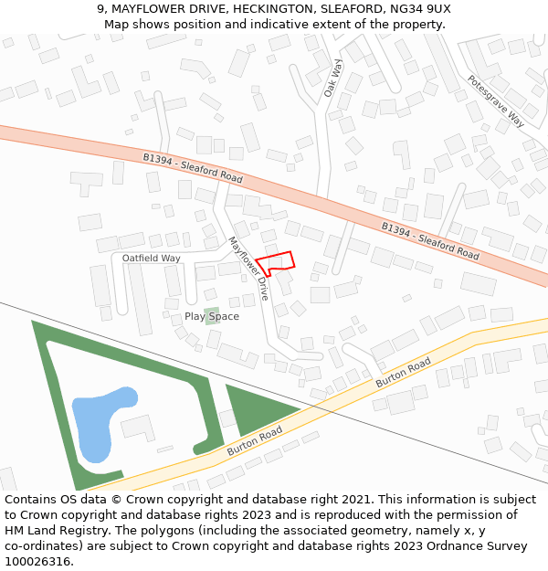 9, MAYFLOWER DRIVE, HECKINGTON, SLEAFORD, NG34 9UX: Location map and indicative extent of plot