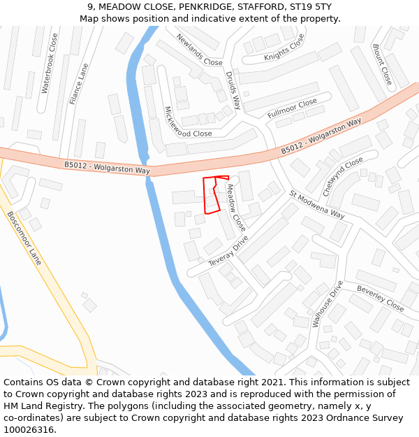 9, MEADOW CLOSE, PENKRIDGE, STAFFORD, ST19 5TY: Location map and indicative extent of plot