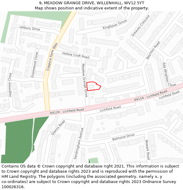 9, MEADOW GRANGE DRIVE, WILLENHALL, WV12 5YT: Location map and indicative extent of plot