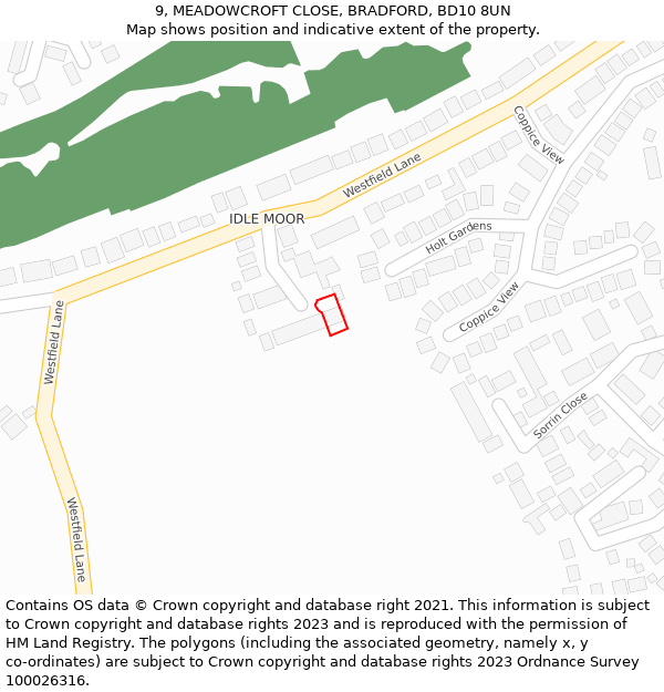 9, MEADOWCROFT CLOSE, BRADFORD, BD10 8UN: Location map and indicative extent of plot