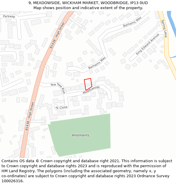 9, MEADOWSIDE, WICKHAM MARKET, WOODBRIDGE, IP13 0UD: Location map and indicative extent of plot