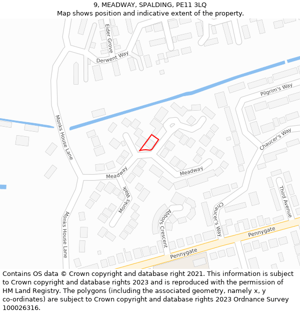 9, MEADWAY, SPALDING, PE11 3LQ: Location map and indicative extent of plot