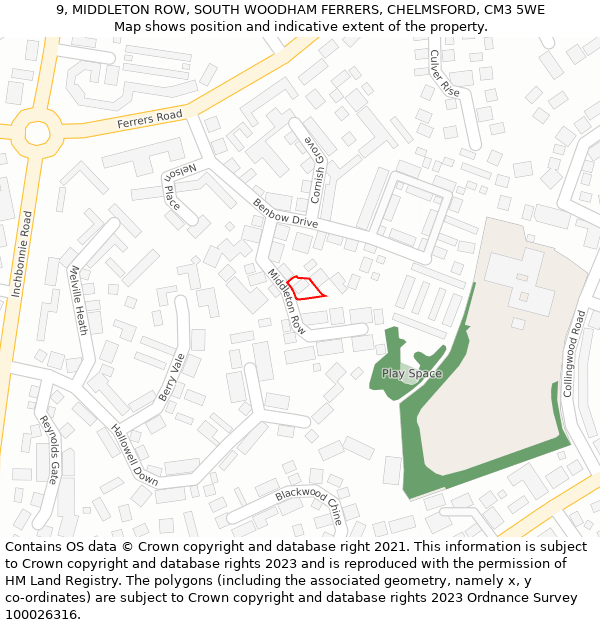 9, MIDDLETON ROW, SOUTH WOODHAM FERRERS, CHELMSFORD, CM3 5WE: Location map and indicative extent of plot