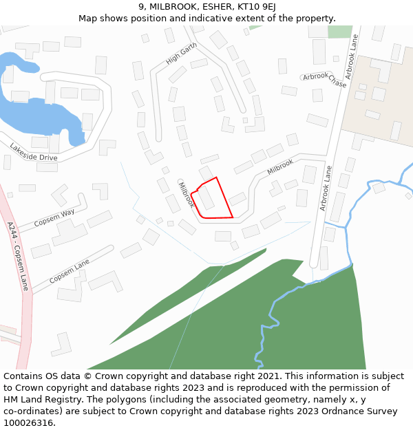 9, MILBROOK, ESHER, KT10 9EJ: Location map and indicative extent of plot