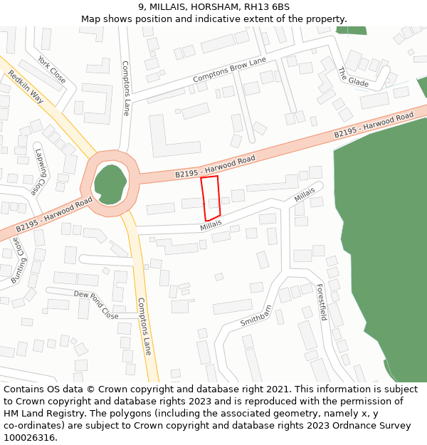 9, MILLAIS, HORSHAM, RH13 6BS: Location map and indicative extent of plot