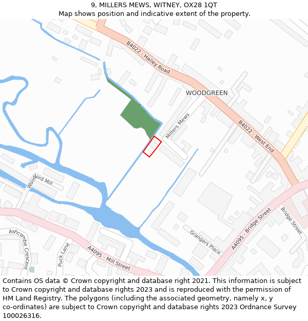 9, MILLERS MEWS, WITNEY, OX28 1QT: Location map and indicative extent of plot