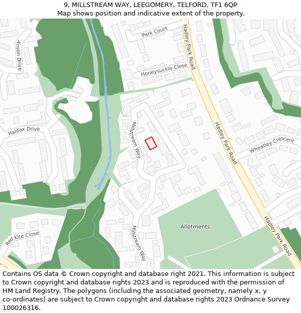 9, MILLSTREAM WAY, LEEGOMERY, TELFORD, TF1 6QP: Location map and indicative extent of plot