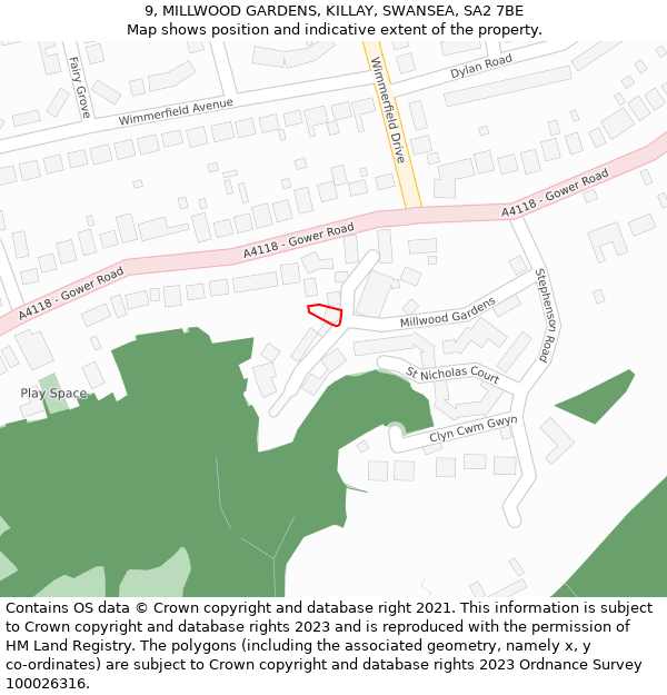 9, MILLWOOD GARDENS, KILLAY, SWANSEA, SA2 7BE: Location map and indicative extent of plot