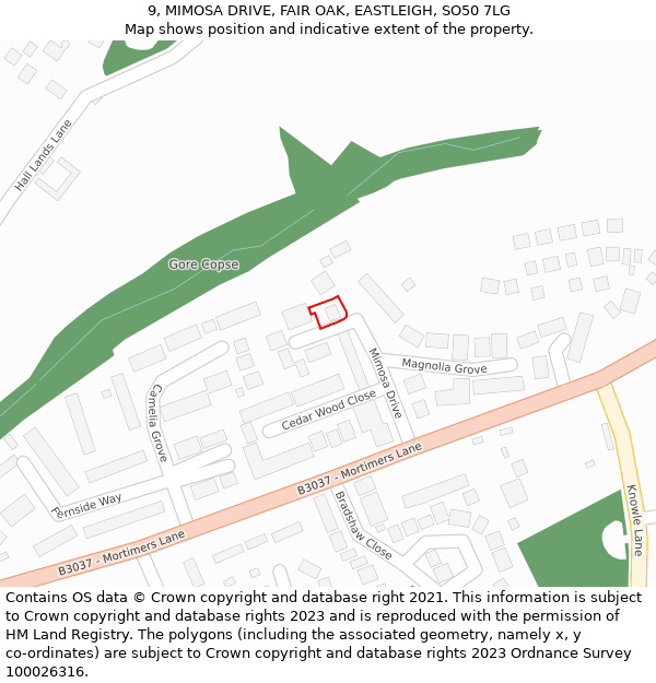 9, MIMOSA DRIVE, FAIR OAK, EASTLEIGH, SO50 7LG: Location map and indicative extent of plot