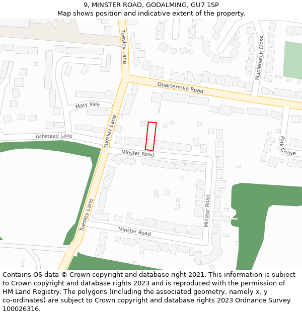 9, MINSTER ROAD, GODALMING, GU7 1SP: Location map and indicative extent of plot