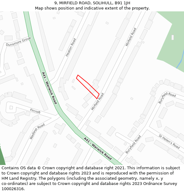 9, MIRFIELD ROAD, SOLIHULL, B91 1JH: Location map and indicative extent of plot
